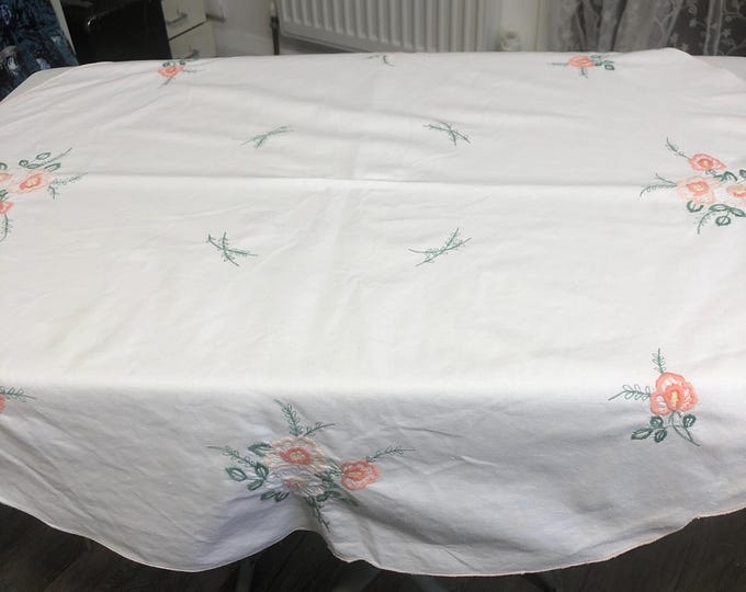 Machine embroidered round cotton tablecloth