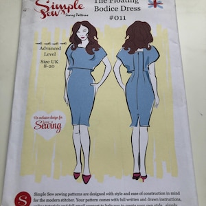 May include: A sewing pattern for "The Floating Bodice Dress #011" with illustrations of a dress design. The pattern is for advanced level sewers and UK sizes 8-20. The cover features the Simple Sew logo and text "An exclusive design for love Sewing", Made in the UK.