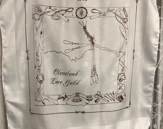 Vintage polyester head scarf, with a lacemaking design
