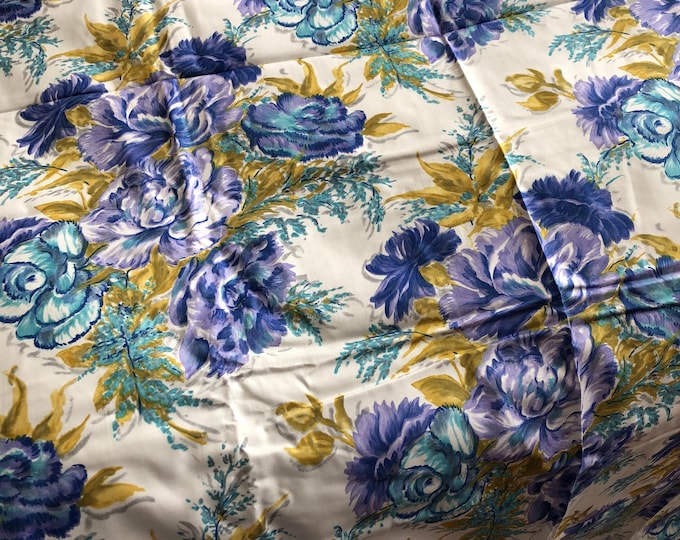 Vintage printed cotton fabric, blue and purple flowers