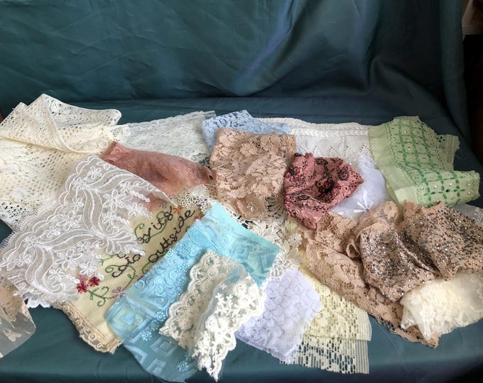 Slow stitch, junk journal, crafting, bag of mixed lace scraps.
