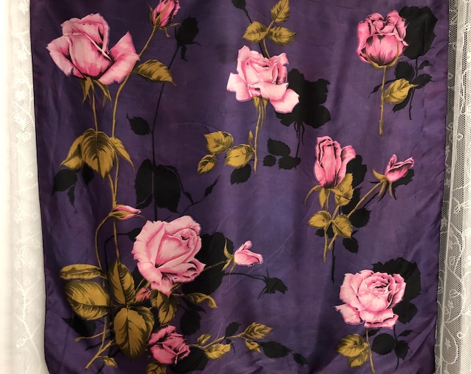 Vintage satin/rayon  head scarf, in purple with pink roses