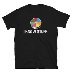 May include: Black t-shirt with a colorful wheel graphic and the text "I KNOW STUFF."