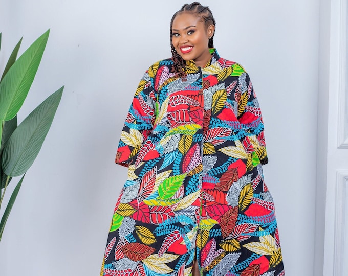 African Clothing for Women Plus Size, Floral African dress, African print dress, Ankara dress, blouse dress,  shirt dress with pockets