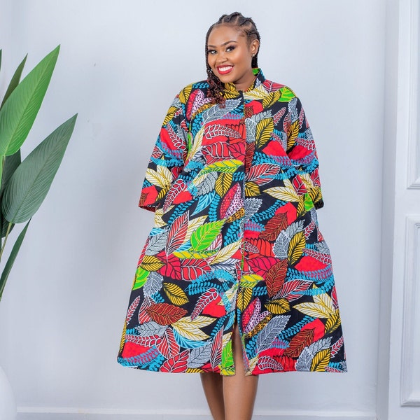 African Clothing for Women Plus Size, Floral African dress, African print dress, Ankara dress, blouse dress,  shirt dress with pockets