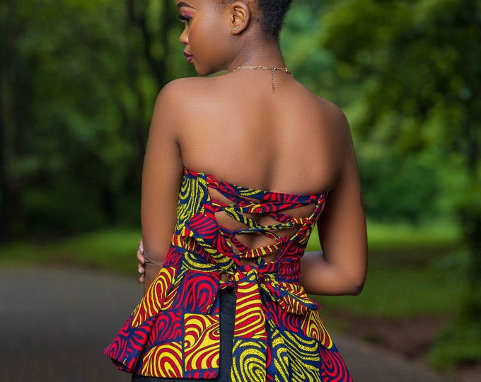African Print Top, Tunu Prints Two-piece corset top - Bustier- corset inspired bustier with pleated belt - Ankara blouse-