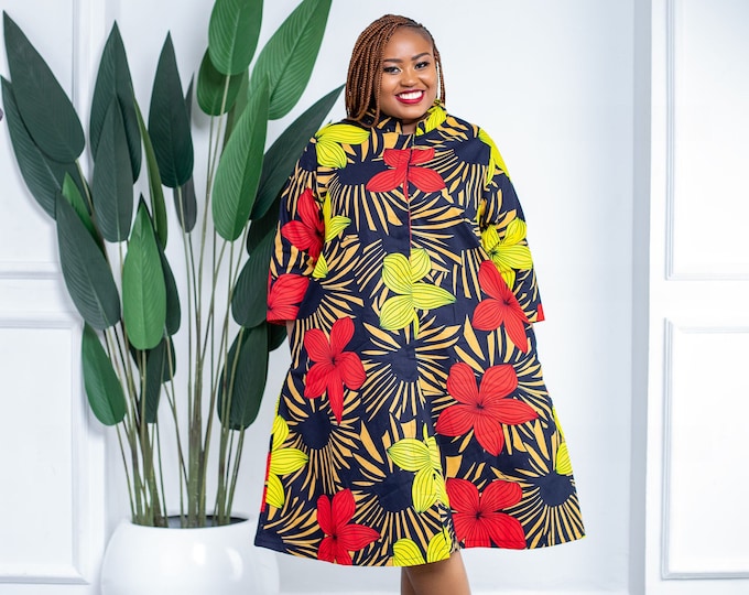 African Clothing for Women Plus Size, African print  dress, button down dress,  African Print Midi Dress, Patterned Dress