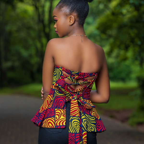 Haut à imprimé africain, Tunu Prints Haut corset deux pièces - Bustier - bustier inspiré du corset avec ceinture plissée - Chemisier Ankara-