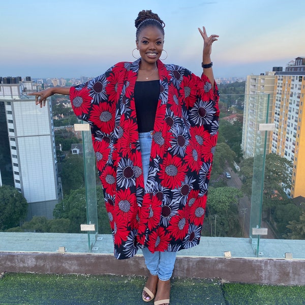 Kimono africano de gran tamaño/ Kimono con estampado africano / Quimono africano rojo/ Duster con estampado africano/ Ropa africana para mujer/ Duster/ Regalo para mamá