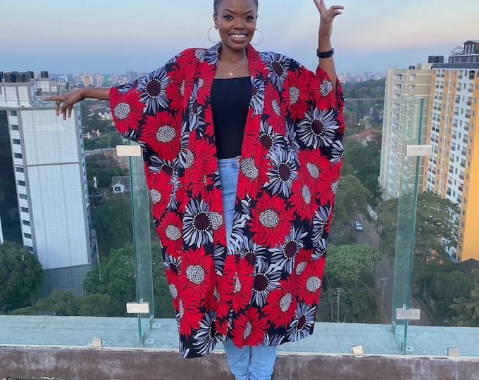 Oversized African kimono/ African print Kimono / Red African kimono/ African Print Duster/ African Clothing for women/ Duster/ Gift for mom