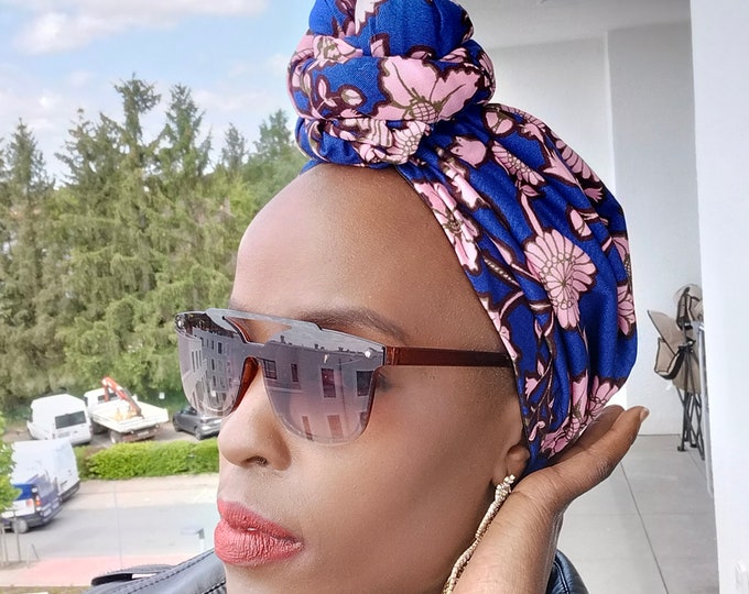 SATIN LINED HEADWRAP, Pre Tied, Rose knot, Lightweight, African print turban, Afro curly hair protective style head covering, gift for her