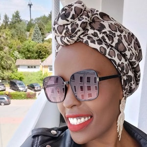 Leopard African Print Turban , SATIN LINED HEADWRAP, Pre Tied, African print turban, Afro curly hair protective style head covering