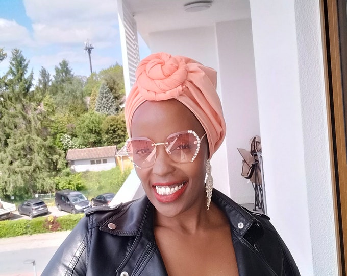 Lush Pink SATIN LINED HEADWRAP, Pre Tied, Rose knot, Lightweight, African print turban, Afro curly hair protective style head covering