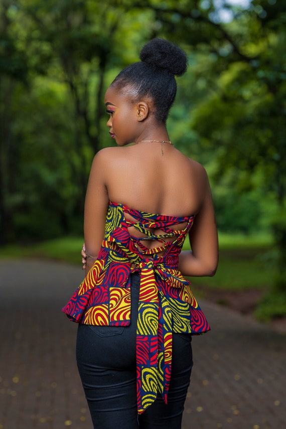 African Print Top, Two-piece Corset Top Bustier Corset Inspired Bustier  With Pleated Belt Ankara Blouse 