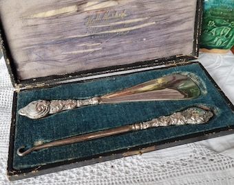 Antique Edwardian Shoe Horn & Button Hook With Sterling Silver Handles