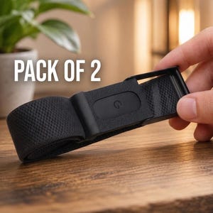 May include: A black elastic strap featuring a rectangular plastic buckle with a power symbol icon. The strap has a textured woven surface and is labeled with the text PACK OF 2. The buckle mechanism is matte black and includes a sliding adjustment.