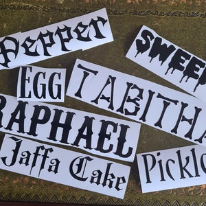 Gothic Personalised Pet Name Vinyl Decals, Stickers, Labels for Pet Bowls, Storage & Carrier, Alternative Halloween