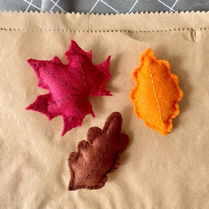 May include: Three felt leaves in autumn colours: a deep red maple leaf, a bright orange leaf, and a brown oak leaf. Each leaf is stitched with a contrasting thread. The leaves are arranged on a brown paper bag.