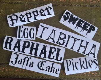 Gothic Personalised Pet Name Vinyl Decals, Stickers, Labels for Pet Bowls, Storage & Carrier, Alternative Halloween