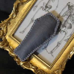 May include: A gray felt coffin-shaped pillow with white stitching, resting on a gold ornate picture frame with a black and white anatomical drawing of a skeleton inside.
