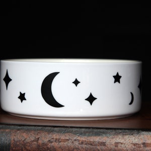 Celestial Personalised Pet Bowls, Black Stars and Moons Design, Cat & Dog Food Bowls, Alternative Gothic, 3 Sizes Available