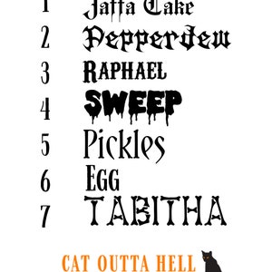 May include: A list of seven names numbered 1 through 7 in various black fonts: Jaffa Cake, Pepperdew, RAPHAEL, SWEEP, Pickles, EGG, and TABITHA. At the bottom, the orange and black text reads CAT OUTTA HELL ALTERNATIVE CAT ACCESSORIES with a cat icon.