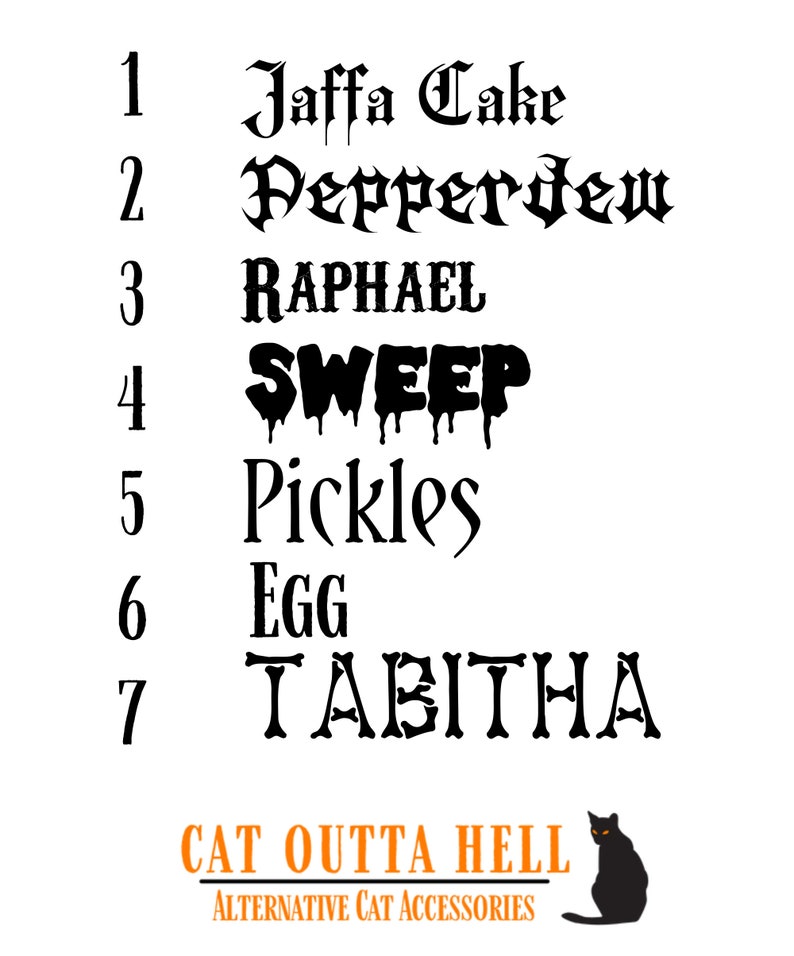 May include: A list of seven names numbered 1 through 7 in various black fonts: Jaffa Cake, Pepperdew, RAPHAEL, SWEEP, Pickles, EGG, and TABITHA. At the bottom, the orange and black text reads CAT OUTTA HELL ALTERNATIVE CAT ACCESSORIES with a cat icon.