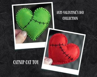 Frankenstein Stitched Love Heart Catnip Cat Toy, Green and Red Vegan Felt Kitten Toy, Anti Valentine&#39;s Day, Gothic, Alternative, Halloween