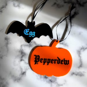 Op de afbeelding: Twee Halloween-ornamenten: een zwarte vleermuis met het woord "Egg" in blauw en een oranje pompoen met "Pepperdew" in zwart. Beide hebben zwarte linten om op te hangen.