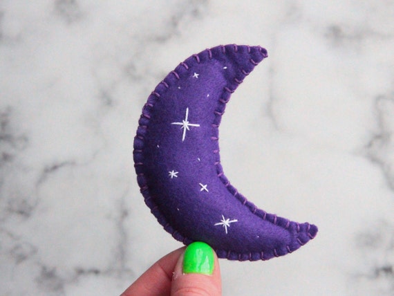 Magical Purple Moon Cat Toy With White Embroidered Stars, Witch Catnip Toy, Witches Magic Cat Toy, Handmade & Vegan