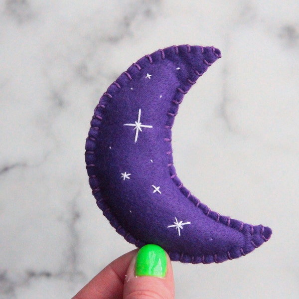 Magical Purple Moon Cat Toy With White Embroidered Stars, Witch Catnip Toy, Witches Magic Cat Toy, Handmade & Vegan