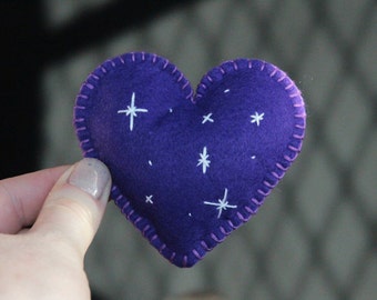 Celestial Love Heart Catnip Cat Toy, Purple With White Embroidered Stars, Vegan Felt Kitten Toy, Valentine's Day, Gothic, Galaxy, Space
