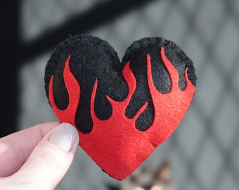 Flame Love Heart Catnip Cat Toy, Black With Red Flames, Vegan Felt Kitten Toy, Anti Valentine&#39;s Day, Gothic, Alternative, Halloween