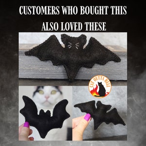 May include: A black felt bat toy with stitched details, including white thread whiskers on the face. The bat has scalloped wing edges and a pointed tail. A circular logo featuring a black cat silhouette and the text CAT OUTTA HELL is visible.