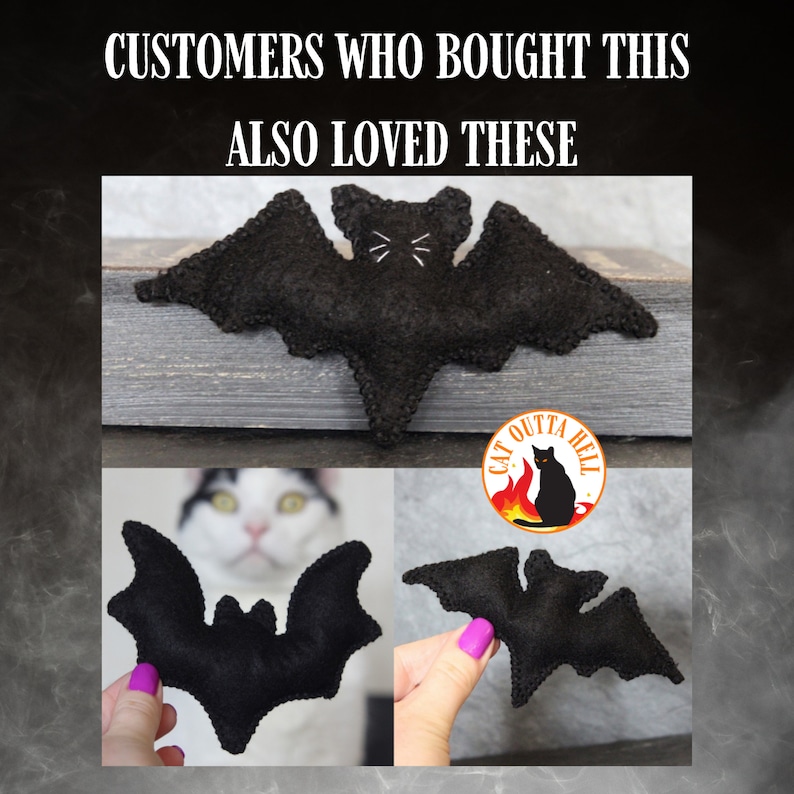 May include: A black felt bat toy with stitched details, including white thread whiskers on the face. The bat has scalloped wing edges and a pointed tail. A circular logo featuring a black cat silhouette and the text CAT OUTTA HELL is visible.