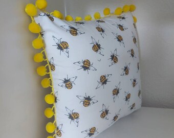 Home Decor, Throw Cushion, Decorative Cushion, Bumble Bee Cushion Cover, Cushion with Pom-poms, Bumble Bee Gifts, A Dose of Vitamin Bee