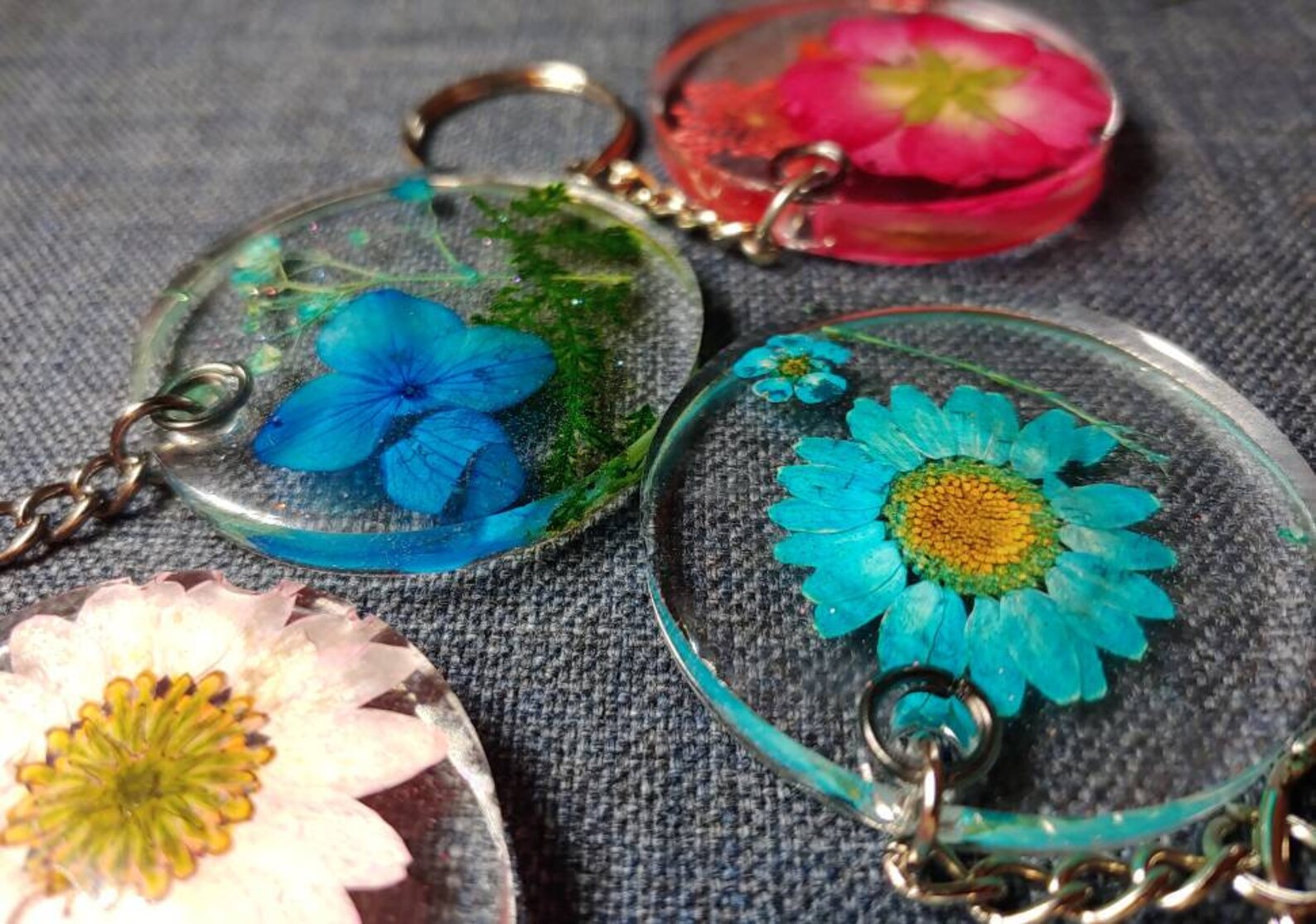 Round Keychain with PINK Flowers Resin Custom Etsy