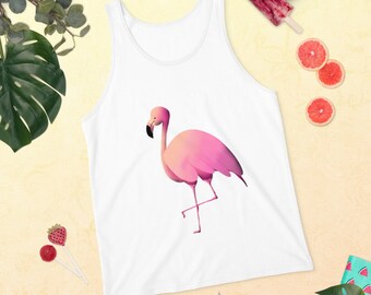 Unisex sommarärmlös linne med grafiskt tryck för vardagsbruk, strandkläder, sommarvibbar, tropiskt djurtryck, rosa flamingo