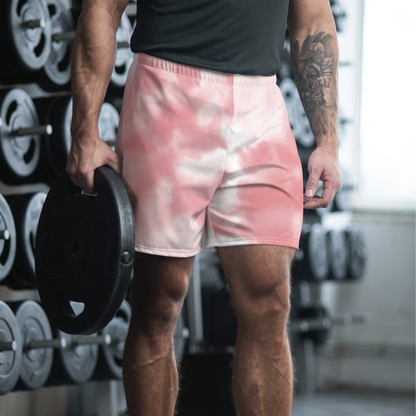 Mens Quick Dry Athletic Shorts Breathable Running Gym Workout Short Summer Fitness Sportswear with Pink and White Tie-Dye Print Gift for Men