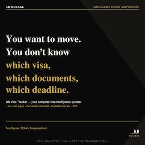 May include: A black digital graphic with white and gold text that reads: You want to move. You don't know which visa, which documents, which deadline. DN Visa Tracker — your complete visa intelligence system. 15+ visa types, document checklist, deadline tracker.
