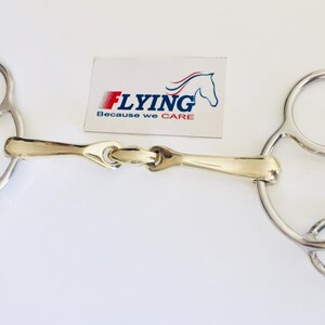 May include: A silver and gold horse bit with two rings on each side. The bit has a loose ring on one side and a fixed ring on the other. The bit is designed to help riders control their horse's mouth.