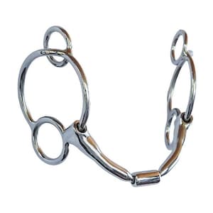 May include: A silver-coloured metal horse bit featuring a multi-ring design on both sides connected by a curved mouthpiece. The structure includes a large outer ring, a smaller upper ring, and a lower ring, all polished with a smooth finish.