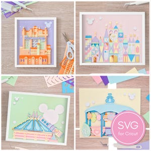 May include: Four framed paper art pieces depicting Disney theme park attractions. The artwork includes the Hollywood Tower Hotel, a colourful castle, Space Mountain, and a carousel. Each piece is in a white frame with a Mickey Mouse head.