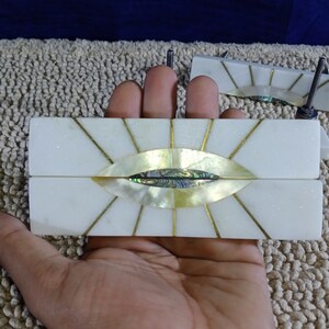 Set of Elegant Golden Mother Of Pearl Or Green Shell And Brass Inlay White Stone Marble Drawer Pulls, cabinets, Dressers, Pulls and Handles