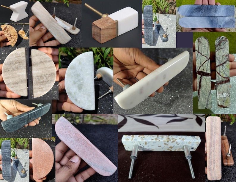 May include: A selection of cabinet knobs and pulls in diverse designs and materials. The knobs showcase a range of colours, including white, grey, pink, and green. Some are crafted from marble, wood, and stone, suitable for furniture.