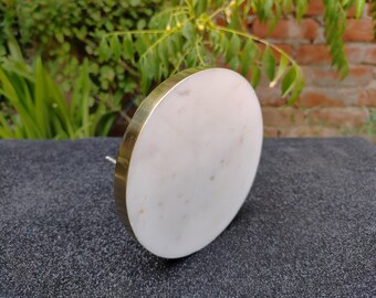 White Marble Drawer Pull with Brass Inlay - Round Cabinet Handle