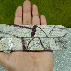 May include: Two rectangular, polished stone pieces with rounded ends. The stone has a light green base colour with dark brown veining throughout. The pieces are held in a hand against a green and silver background.