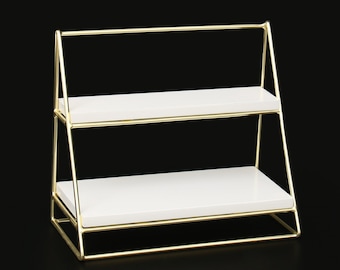 Servidor de mármore branco de 2 andares: Suporte para pastelaria em metal dourado