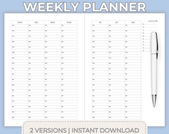 May include: A weekly planner layout with a white background, black grid lines, and hourly time slots from 5 AM to 10 PM for each day of the week. The text reads THE PEACEFUL PLANNERS WEEKLY PLANNER, FOCUS ON, and 2 VERSIONS | INSTANT DOWNLOAD A4 & LETTER SIZE | PRINTABLE. A white pen is positioned on the right side.