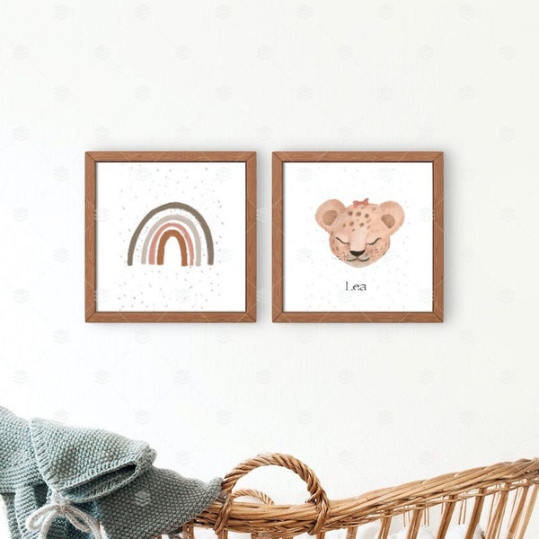 Dos Ilustración personalizada, habitación infantil, de bebe o decoración, de guardería , animales de la selva para bebés, arcoíris, regalos.